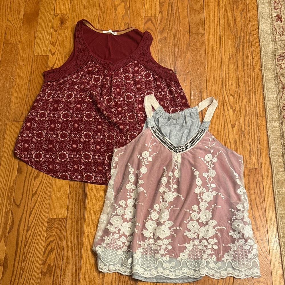 2 Ladies Tank Tops Burgundy and Pink Floral Tank Tops